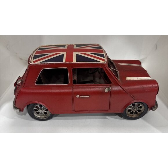 Vtg Classic Red Mini Cooper Retro Tin Model Car w British Flag Roof 11” X 5” - Picture 3 of 7